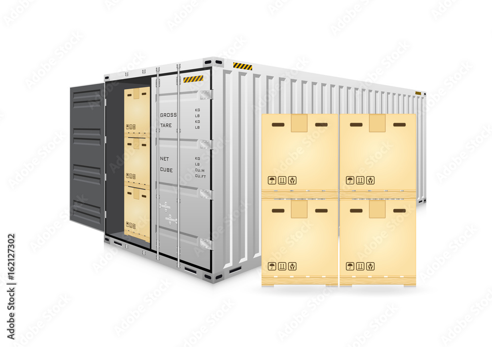 Cargo container vector isolated on white background. Metal box or equipment for storage at dock, port, warehouse. Freight transport by ship, crane, trailer truck for shipping, import export business.