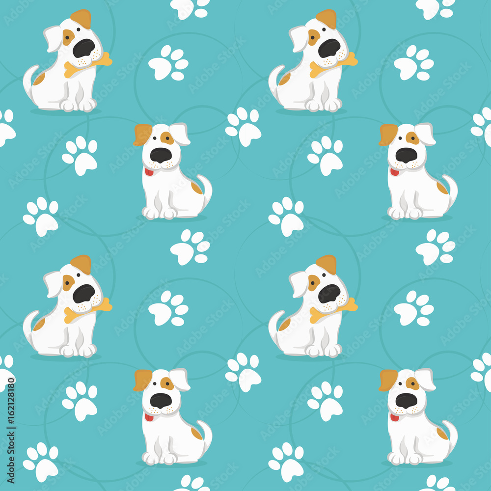 Fototapeta premium Pattern with white dogs and traces of dog paws. vector illustration in funny style.
