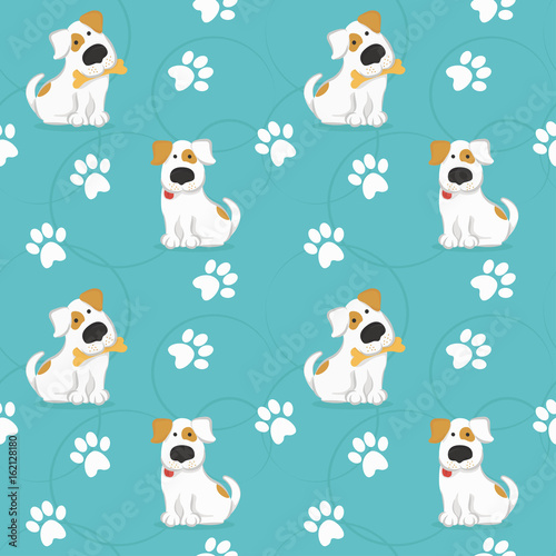 Pattern with white dogs and traces of dog paws. vector illustration in funny style.