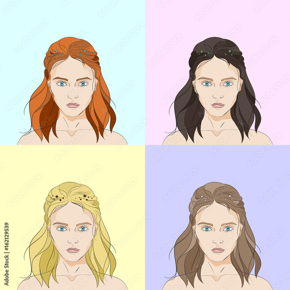 Plakat Four faces of women with long hair of different colors on different backgrounds