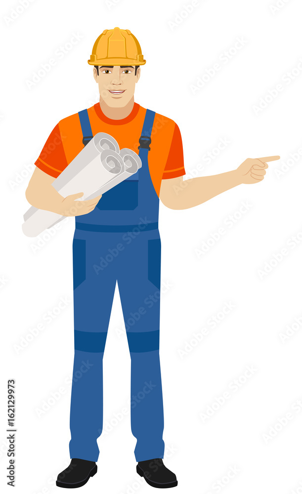 Builder holding the project plans and pointing something beside of him Builder holding the project plans and pointing something beside of him