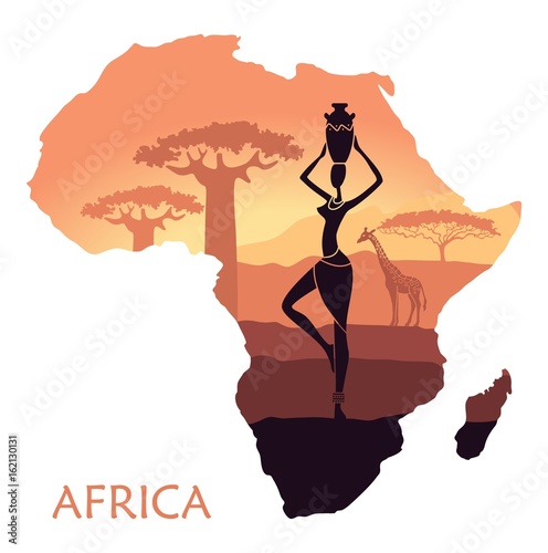 Map of Africa with the landscape of sunset in the Savannah, the woman, a giraffe and baobab. Vector background