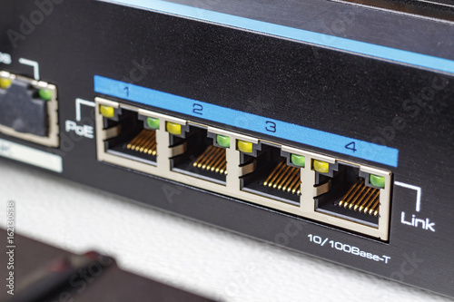 Fotografía Ethernet switch ports with PoE function closeup