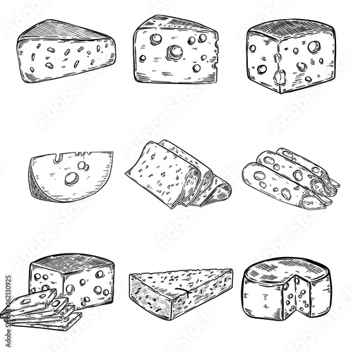 Set of Cheese illustrations isolated on white background. Design elements for poster, menu. Vector illustration