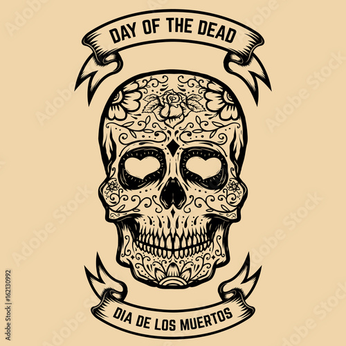Day of the Dead. Dia de los Muertos. Sugar skull with floral pattern. Design element for poster, greeting card. Vector illustration