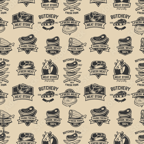 Set of meat store, fresh meat labels seamless pattern. Design element for poster, wrapping paper. Vector illustration