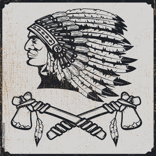 Native american chief head in traditional headdress with tomahawks. Vector design element