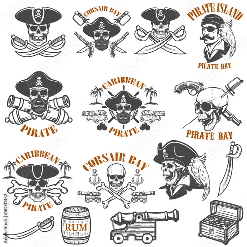 Set of pirate emblems isolated on white background. Design elements for logo, label, emblem, sign. Vector illustrations.