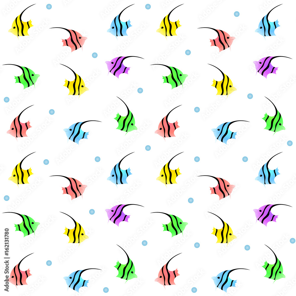 Seamless Pattern of Colorful Exotic Fishes with Blue Water Bubbles on White. Vector Illustration.