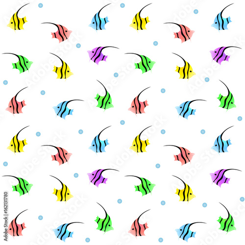 Seamless Pattern of Colorful Exotic Fishes with Blue Water Bubbles on White. Vector Illustration.