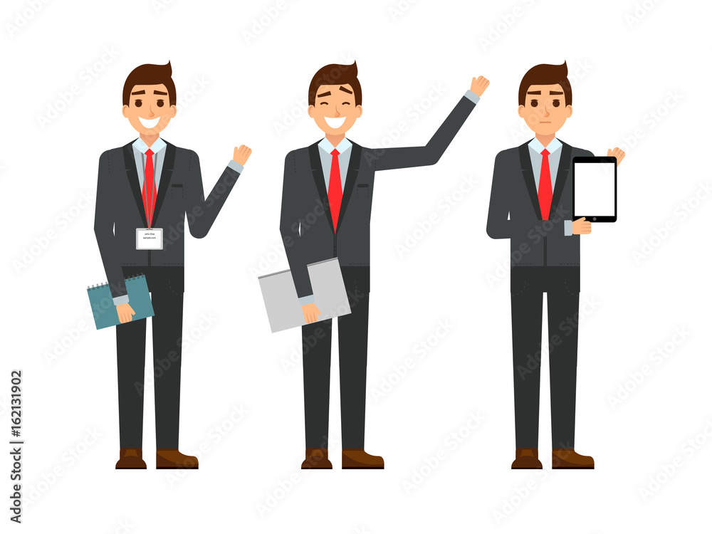 funny cartoon guy in the suit, gesturing. Set of businessman characters point and showing at tablet computer. Happy youg people smiling. Flat design. funny cartoon guy in the suit, gesturing. Set of businessman characters point and showing at tablet computer. Happy youg people smiling. Flat design.