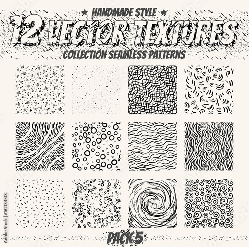 Collection monochrome seamless textures for digital design. Vector patterns for web, textile, fabric and other. Hand-draw dots, lines and all elements.