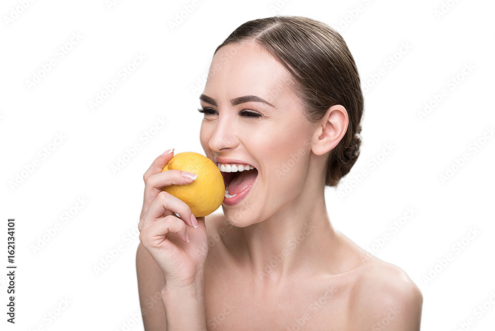 Happy beautiful youthful woman enjoying fresh fruits and wellness Happy beautiful youthful woman enjoying fresh fruits and wellness