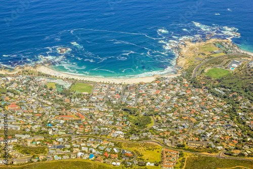Aerial view of Camp's Bay Beach near Cape Town as seen from Lion's Head within the Table Mountain National Park in South Africa, Western Cape.