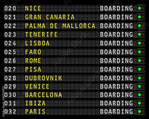 airport flight information display, european holiday travel destinations. vector