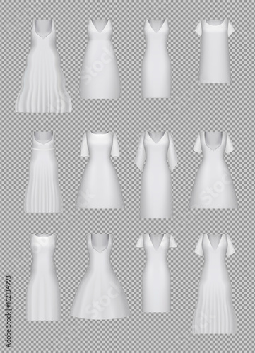 Women's dress mockup collection. White realistic clothes set. vector 3d illustration. Created with gradient mesh. Festival dress with or without sleeves, short, long length. Different types. Isolated.