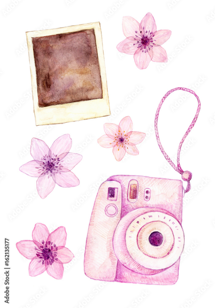 Watercolor hand painted pink camera with polaroid and flowers isolated on  white. Design photography elements ilustración de Stock | Adobe Stock