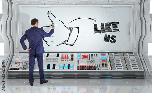 Businessman drawing thumb up sketch on a wall 3D rendering