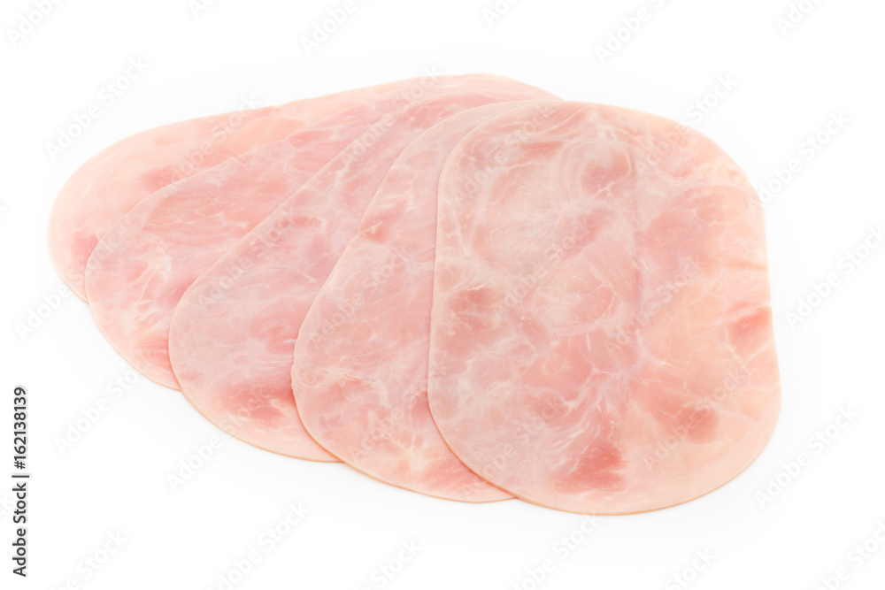 Thin slices of ham on white background.