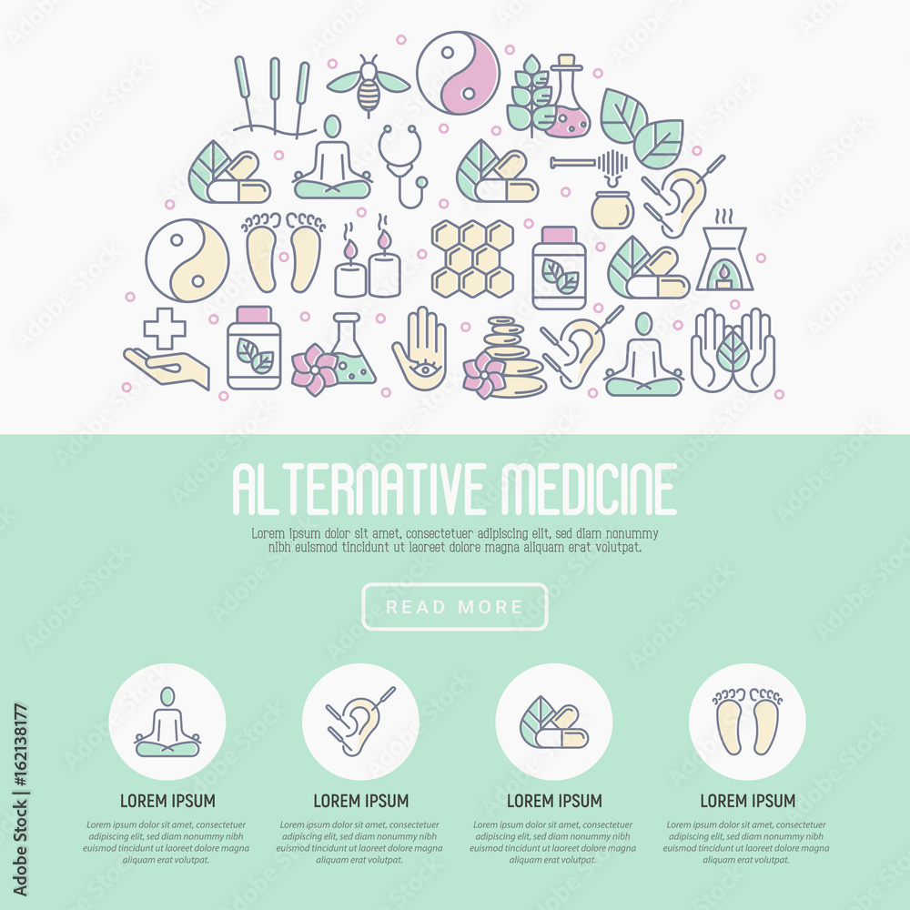 Alternative medicine concept with thin line icons. Elements for app or web site for yoga, acupuncture, wellness, ayurveda, chinese medicine, holistic center. Vector illustration. Alternative medicine concept with thin line icons. Elements for app or web site for yoga, acupuncture, wellness, ayurveda, chinese medicine, holistic center. Vector illustration.