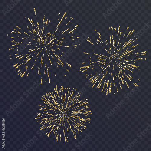 Bright set of three elements, fireworks on dark background. Vector illustration