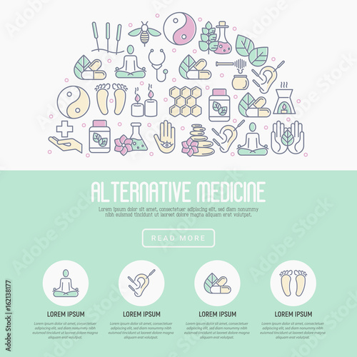 Alternative medicine concept with thin line icons. Elements for app or web site for yoga, acupuncture, wellness, ayurveda, chinese medicine, holistic center. Vector illustration.