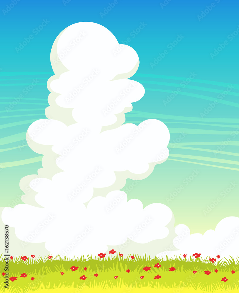 Clouds, grass, flowers and blue sky. Spring landscape. Clouds, grass, flowers and blue sky. Spring landscape.