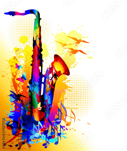 Music background with saxophone, musical notes and flying birds
