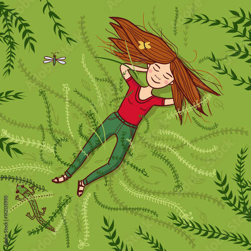 girl lying on grass summer illustration