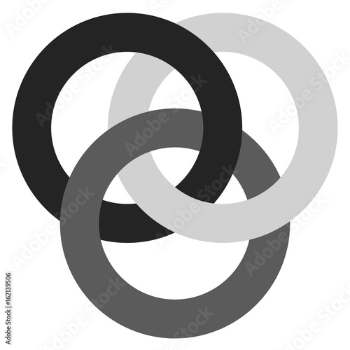 Icon with 3 interlocking circles. rings. Abstract symbol for connection, unity, relation, linkage or similar concepts