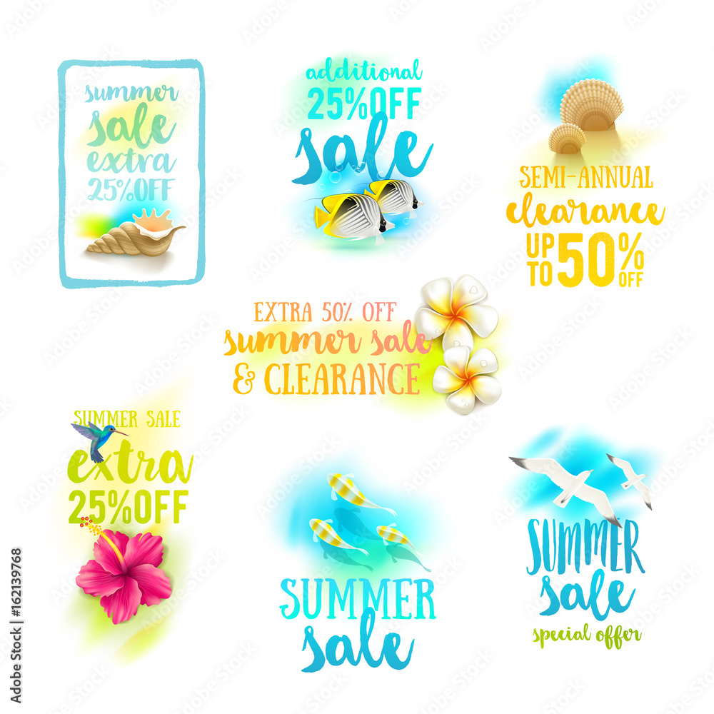 Set of season sale designs. Summer holidays and vacation vector illustration.