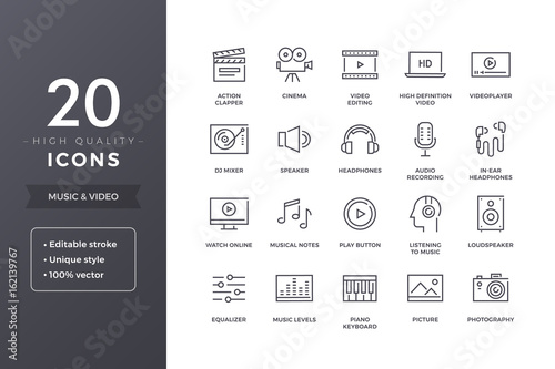 Music and Video Line Icons