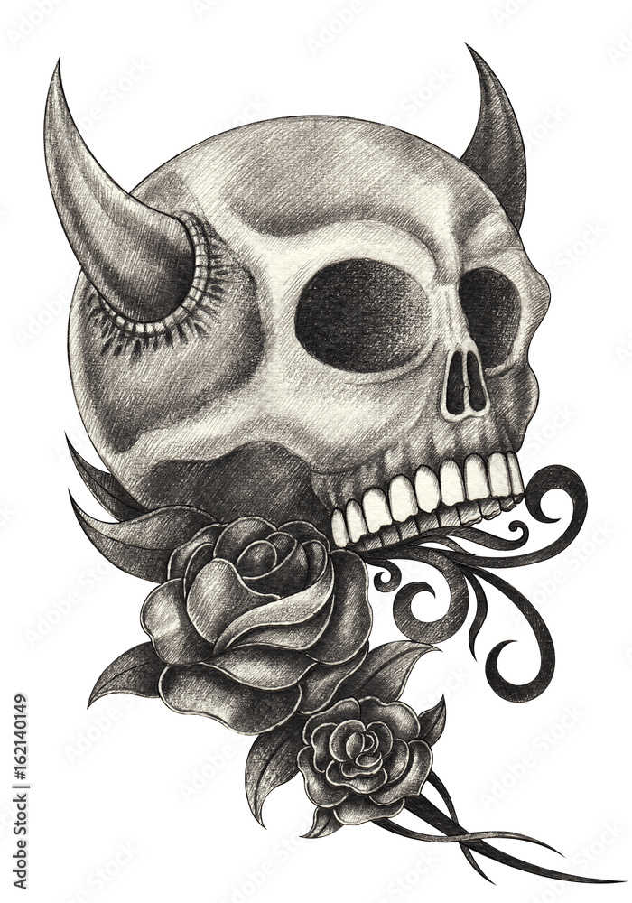 Art devil skull  pencil drawing on paper. Stock Illustration |  Adobe Stock