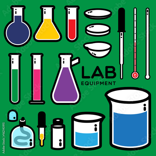 LAB EQUIPMENT  Lab equipment icons with color on the green background.