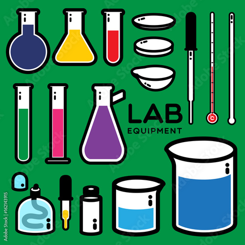 LAB EQUIPMENT
Lab equipment icons with color on the green background.