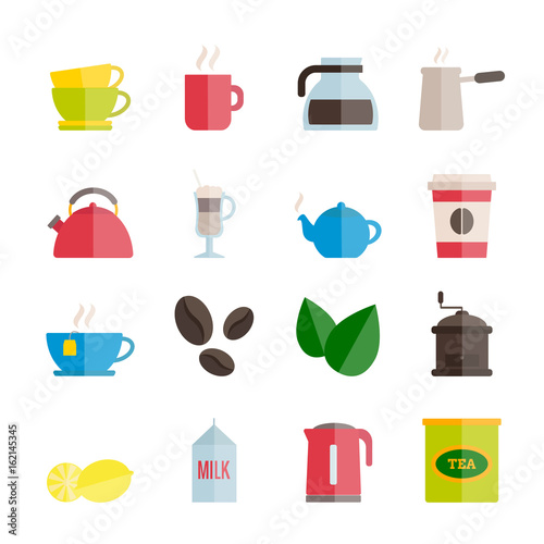 Set of vector flat tea and coffee icons for web, print, mobile apps design photo