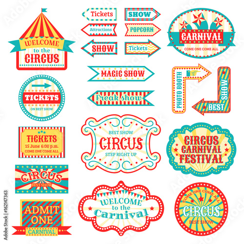 Circus vintage signboard labels banner vector illustration isolated on white entertaining banner sign