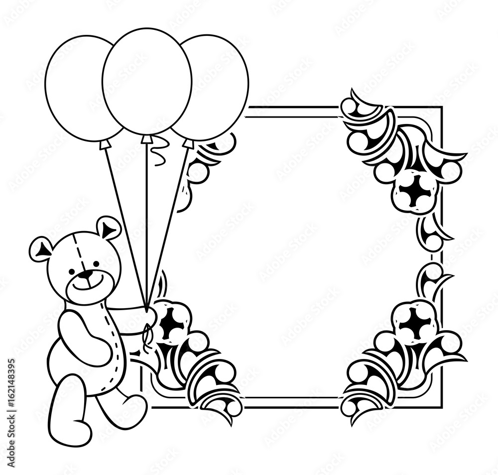 Black and white frame with Teddy bear toy with gift box. Vector clip art.  Stock Vector | Adobe Stock