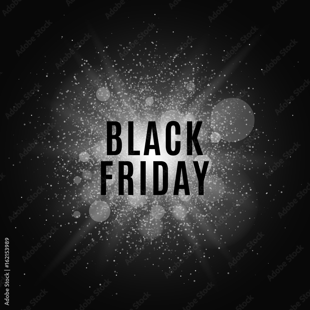 Obraz premium Black Friday. Text on the background of a white flash with luminous dust. Cover for the project. Vector illustration