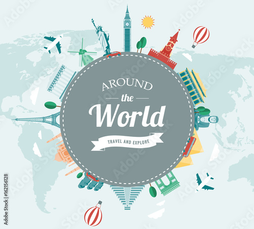Travel composition with famous world landmarks. Travel and Tourism. Vector