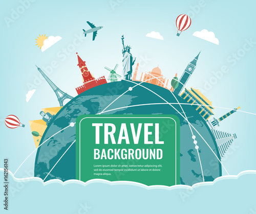Travel composition with famous world landmarks. Travel and Tourism. Vector