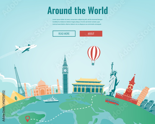 Travel composition with famous world landmarks. Travel and Tourism. Concept website template. Vector.