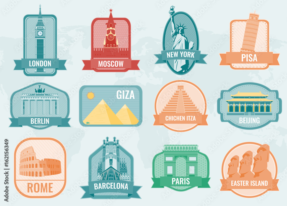 World landmarks flat icon set. Travel and Tourism. Vector