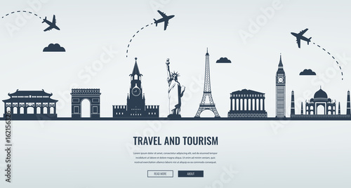 Travel composition with famous world landmarks. Travel and Tourism. Concept website template. Vector.