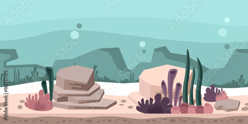 Seamless unending background for arcade game or animation. Underwater world with rocks, seaweed and coral. Vector illustration, parallax ready.