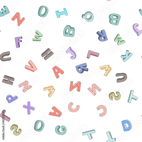 Vector seamless pattern of hand-drawn children's alphabet. 3D doodle letters. ABC font background illustration for kids.