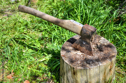 Axe in stump. Axe ready for cutting timber.Woodworking tool. Travel, adventure, camping gear, outdoors items photo