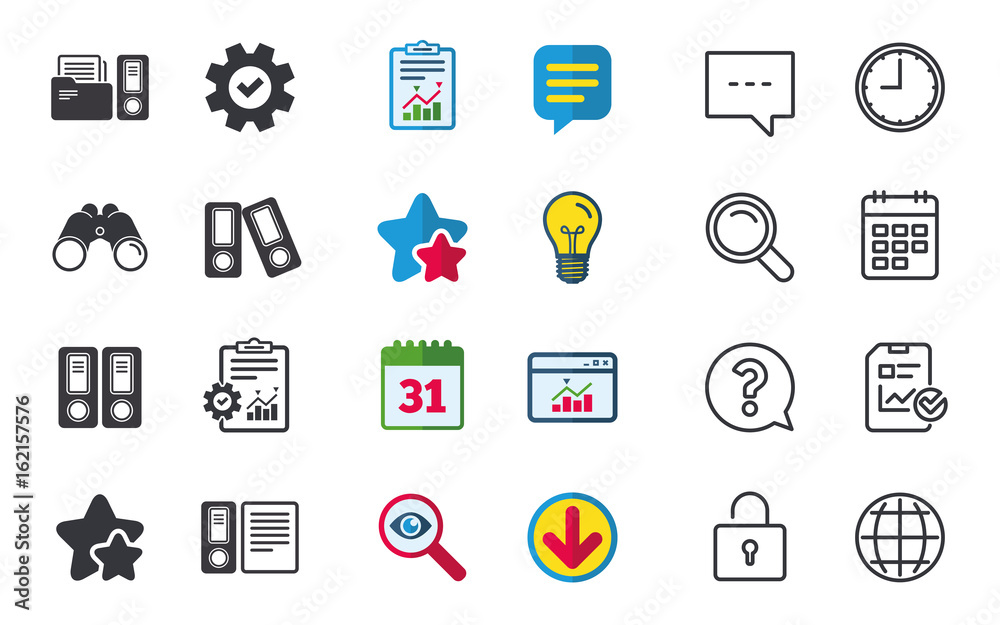 Accounting icons. Document storage in folders sign symbols. Chat, Report and Calendar signs. Stars, Statistics and Download icons. Question, Clock and Globe. Vector Accounting icons. Document storage in folders sign symbols. Chat, Report and Calendar signs. Stars, Statistics and Download icons. Question, Clock and Globe. Vector