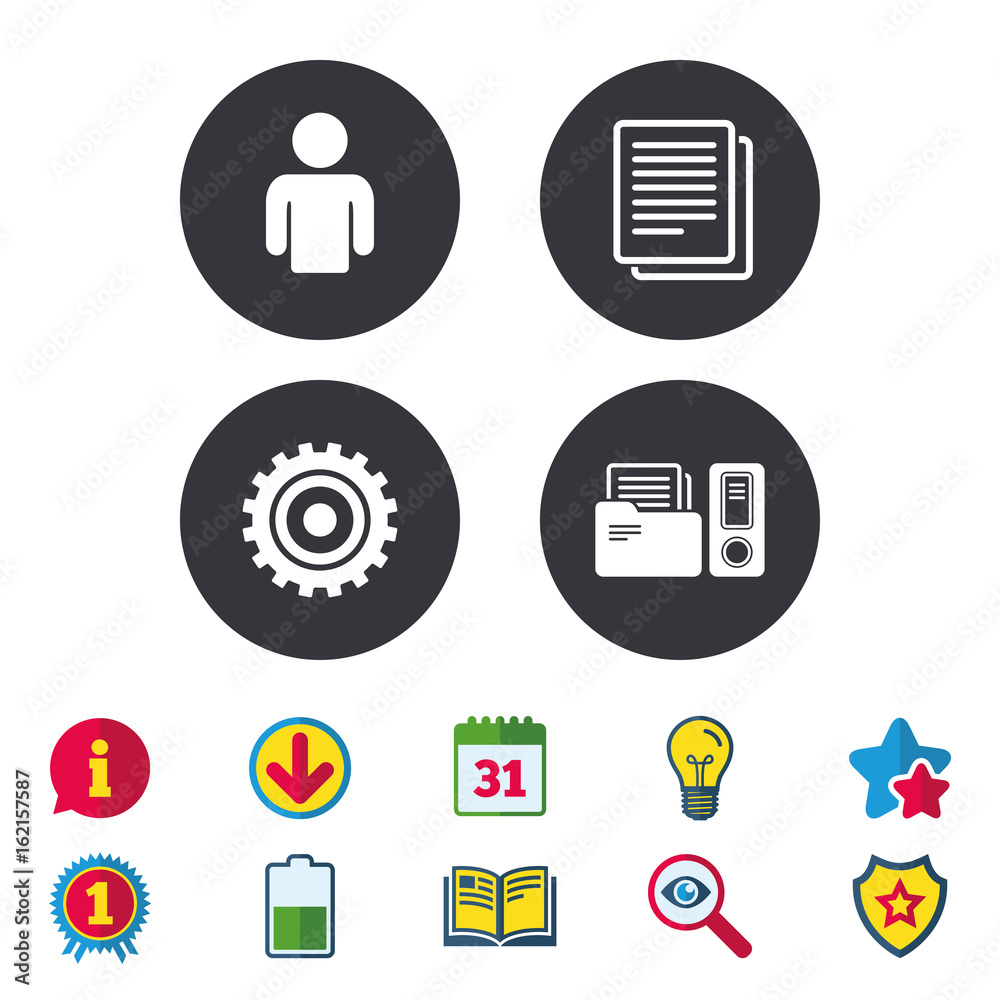 Accounting workflow icons. Human silhouette, cogwheel gear and documents folders signs symbols. Calendar, Information and Download signs. Stars, Award and Book icons. Light bulb, Shield and Search Accounting workflow icons. Human silhouette, cogwheel gear and documents folders signs symbols. Calendar, Information and Download signs. Stars, Award and Book icons. Light bulb, Shield and Search