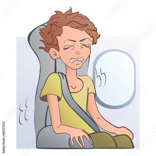 Worried frightened man in the airplane seat at the window. Fear of flying, aerophobia. Vector illustration, isolated on white background. photo